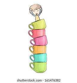 Kid on several cups. Vector design. 