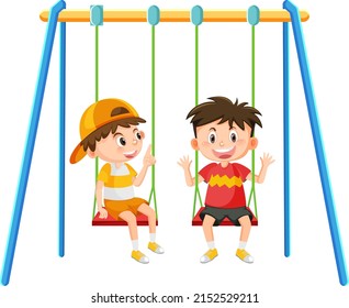 Kid on swing set playground on white background illustration