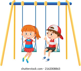 Kid on swing set playground on white background illustration