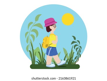 El niño en la ilustración vectorial tabulada del viaje.