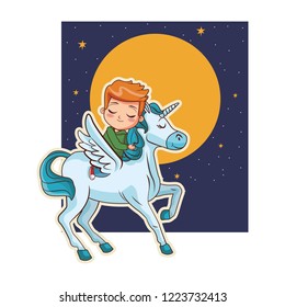 kid on unicorn cartoon