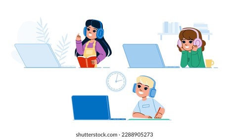 kid online learning vector. child home, laptop internet, study school, class student, teacher technology kid online learning character. people flat cartoon illustration
