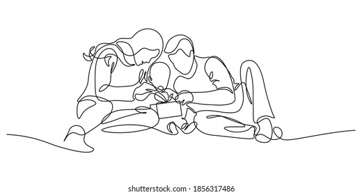 Kid opens present with his parents. Family celebrate holiday together. Continuous line art drawing style. Festive gift is unwrapping by child minimalist black linear sketch on white background