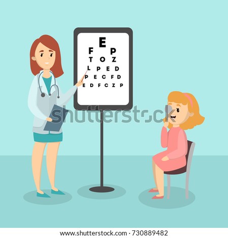 Kid with ophthalmologist checking eyesight in the ward.