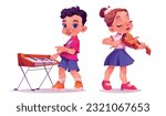 Kid orchestra play music on school instrument piano and violin vector cartoon set. Children girl and boy character playing performance for party entertainment. Pianist and violinist childish clipart