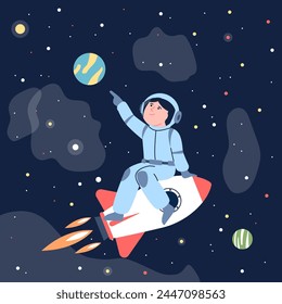 Chico en el espacio exterior. Astronauta en cohetes volando en el universo y explorando planetas y estrellas. Niño en traje espacial y casco, sueños infantiles, escena reciente del Vector