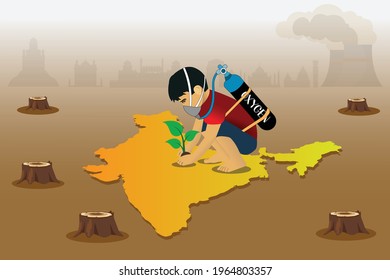 A kid with oxygen cylinder planting on Indian Map , Pollution deforestation 