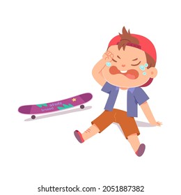 Kid with pain and injury from falling to ground vector illustration. Cartoon schoolboy character crying, little boy child riding skateboard and falling with scratch trauma on leg isolated on white