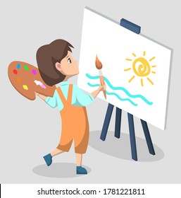 Kid with paintbrush vector, isolated character drawing new masterpiece. Easel with canvas, kid holding palette with colors, talented girl, pupil in classroom artistic classes back to school concept