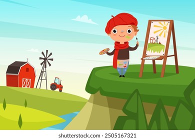 Pintor del niño. artista que hace la pintura al aire libre. paisaje rural del Vector