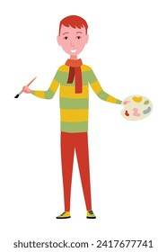 Kid Painting and Drawing with Brushes and Pencils on White Wall Vector Illustration