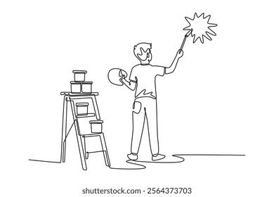 Kid painting on wall. Art Concept. Single line draw design vector graphic illustration.	