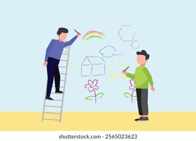 Kid painting on wall. Art Concept. Colored flat vector illustration isolated.