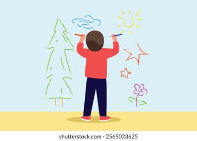 Kid painting on wall. Art Concept. Colored flat vector illustration isolated.