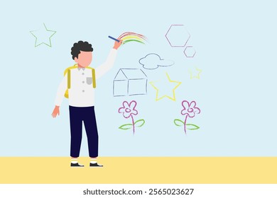 Kid painting on wall. Art Concept. Colored flat vector illustration isolated.