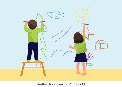 Kid painting on wall. Art Concept. Colored flat vector illustration isolated.	