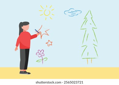 Kid painting on wall. Art Concept. Colored flat vector illustration isolated.	