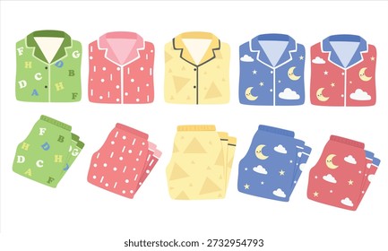 Clipart de Vector pijama niño en estilo de dibujos animados planos. Linda colección de camisas y pantalones de pijama doblados con patrones de alfabeto, lunares, geométricos y estrellas lunares. Acogedoras ilustraciones de ropa para dormir