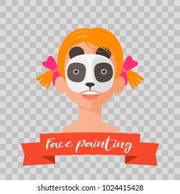 Kid with panda face painting vector illustrations on transparent background. Child face with animal makeup painted for kids party