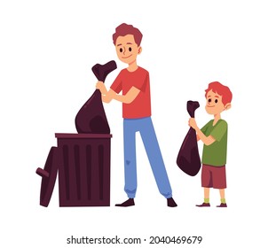 Kid And Parent With Trash Bags Putting Them In Garbage Bin. Cartoon Father And Son Taking Out Rubbish Together - Vector Illustration Isolated On White Background.