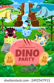 Kid party flyer with funny prehistoric dinosaurs. Vector dino holiday invitation poster template with cartoon cute baby reptiles hatching from the eggshells, raptor and euhelopus at jurassic landscape