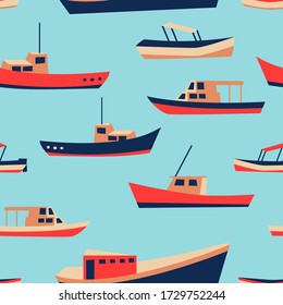 Patrón infantil con botes lindos. Antecedentes náuticos sin fisuras. Gracioso dibujo de barco. Diseño pesquero o náutico. Ilustración vectorial.