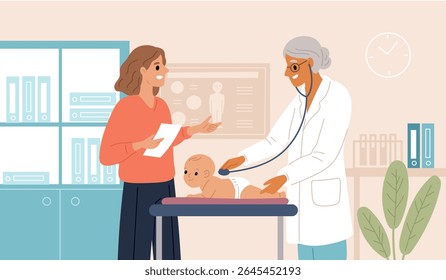 Kid pediatrician examination. Doctor examines baby, appointment at medical office, mom with baby, lungs listening, consultation in clinic cartoon flat style isolated garish vector concept