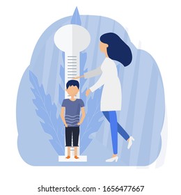 Kid And Pediatrician Flat Vector Illustrations. Doctor Measuring Child Height. Medic And Patient Cartoon Characters. Healthcare Concept