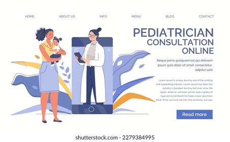 Kid at pediatrician. Mom and girl visit family doctor remotely through application on phone. Medical examination, child health check. Vector characters flat cartoon illustration. Landing page template