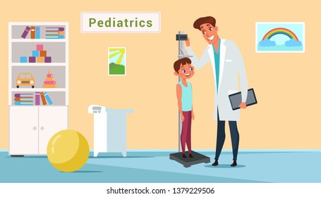 Kid In Pediatrics Clinic Flat Illustration. Senior Pediatrician Measuring Boy Height. Scared Toddler In Medical Office Isolated Clipart. Medic And Patient Cartoon Characters. Doctor Appointment