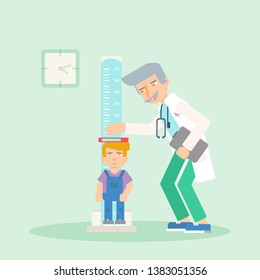 Kid in pediatrics clinic flat illustration. Senior pediatrician measuring child height. Scared toddler in medical office isolated clipart. Medic and patient cartoon characters. Doctor appointment