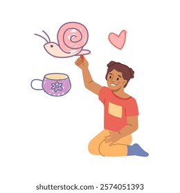 Kid personage drawing images on wall or chalkboard with chalk. Vector isolated boy character sitting on knees, painting snail and cup with flower, heart sign. Doodling child with happy face