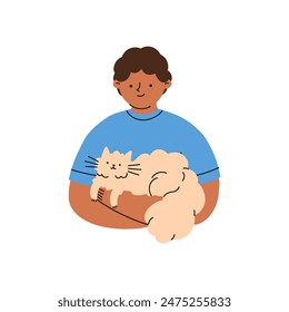 Kid with pet. Boy holding cat. Happy domestic animal owner. Flat vector illustrations.