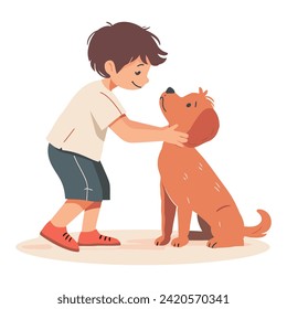 Kid Petting Dog - Showcasing the Joyful Connection Between Children and Canine Companions. Flat Vector Illustration 