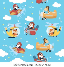 Kid pilot animal flying air plane seamless pattern