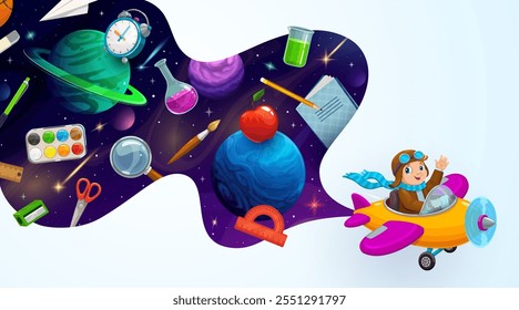 Kid Pilot mit Galaxie Raum und Bildung liefert Welle, Vektor zurück zur Schule und Astronomie Banner. Cartoon Junge Pilot Charakter fliegen im Flugzeug mit Buch, Bleistift und Stift in dunklen Raum Galaxie Himmel