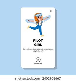 kid pilot girl vector. happy fun, young female, travel flight kid pilot girl web flat cartoon illustration