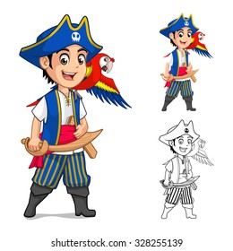 Kid Pirate Cartoon Character Include Flat Design and Outlined Version Vector Illustration 
