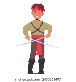 Kid Pirate Character With A Mischievous Grin, Stands Boldly, Crossed Swords In Hands. His Eyes Sparkle With Adventure. Little Boy Ready To Take On The High Seas. Cartoon People Vector Illustration