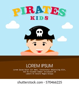 Kid in pirate costume poster. Birthday and party invitation card in pirate theme concept