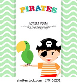 Kid in pirate costume poster. Birthday and party invitation card in pirate theme concept
