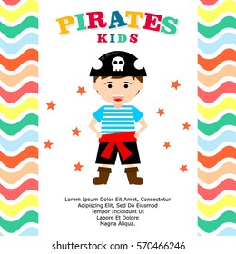 Kid in pirate costume poster. Birthday and party invitation card in pirate theme concept