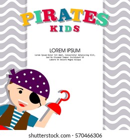 Kid in pirate costume poster. Birthday and party invitation card in pirate theme concept