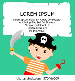 Kid in pirate costume poster. Birthday and party invitation card in pirate theme concept