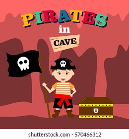 Kid in pirate costume poster. Birthday and party invitation card in pirate theme concept
