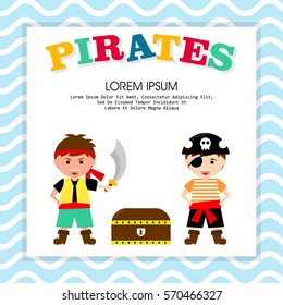 Kid in pirate costume poster. Birthday and party invitation card in pirate theme concept