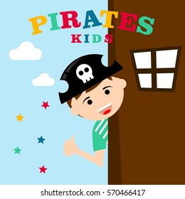Kid in pirate costume poster. Birthday and party invitation card in pirate theme concept