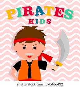 Kid in pirate costume poster. Birthday and party invitation card in pirate theme concept