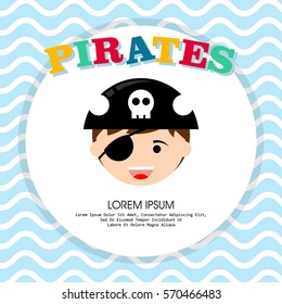 Kid in pirate costume poster. Birthday and party invitation card in pirate theme concept