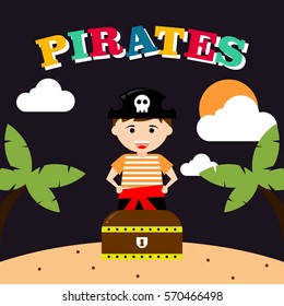 Kid in pirate costume poster. Birthday and party invitation card in pirate theme concept